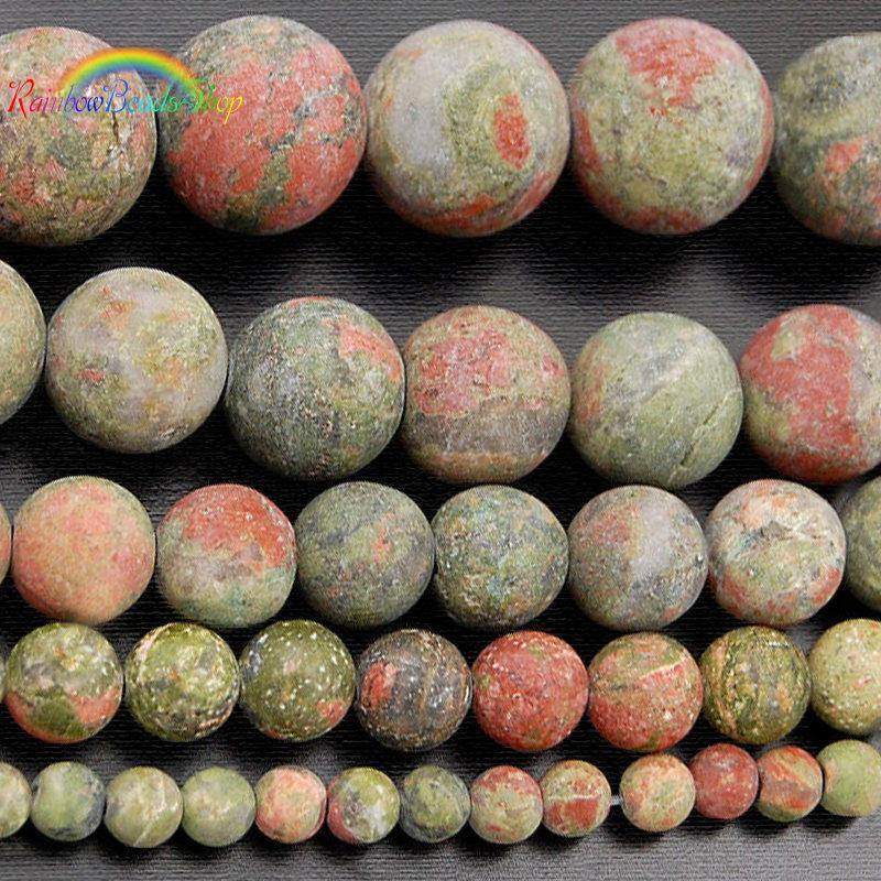 Natural Matte Green Red Unakite beads, Round Gemstone 4-12mm, 15.5'' strand