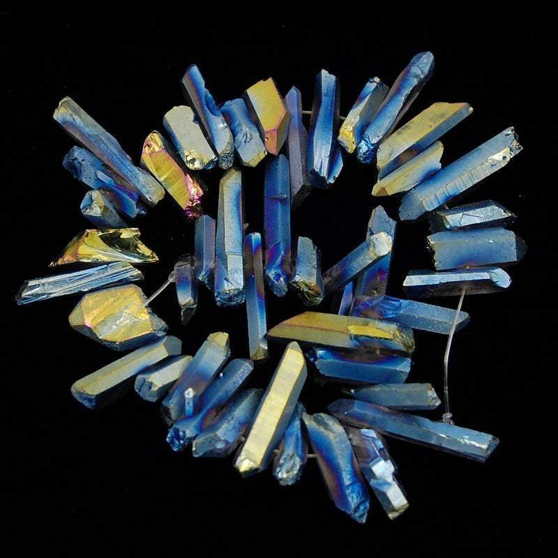 Natural Metallic Blue Druzy Quartz spike Titanium Coated Stick beads, 15.5 strand