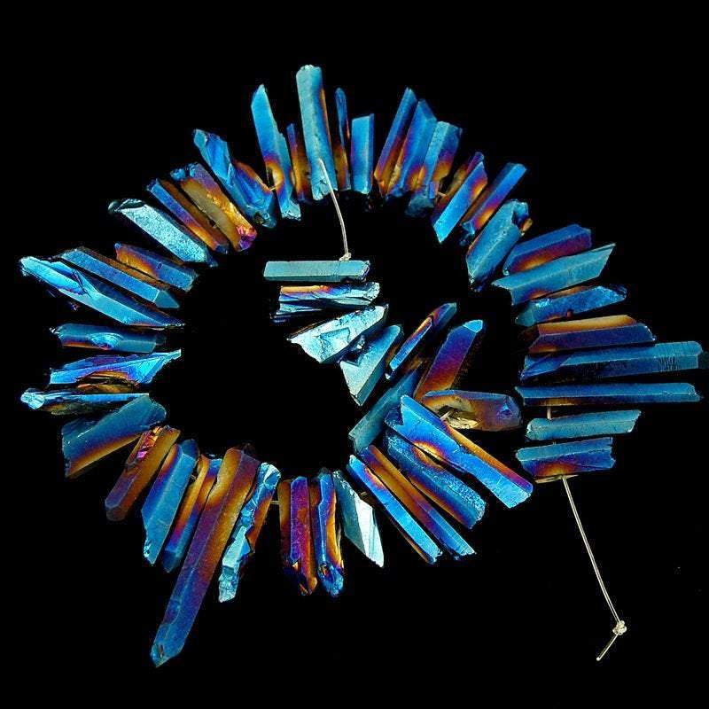 Natural Metallic Blue Purple Titanium Coated Druzy Quartz Stick beads, 15.5'' strand