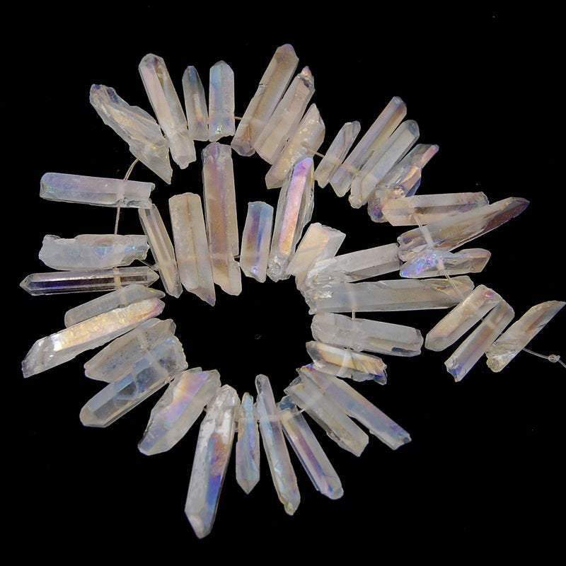 Natural Metallic Clear AB Druzy Quartz spike Titanium Coated Stick beads, 15.5'' strand