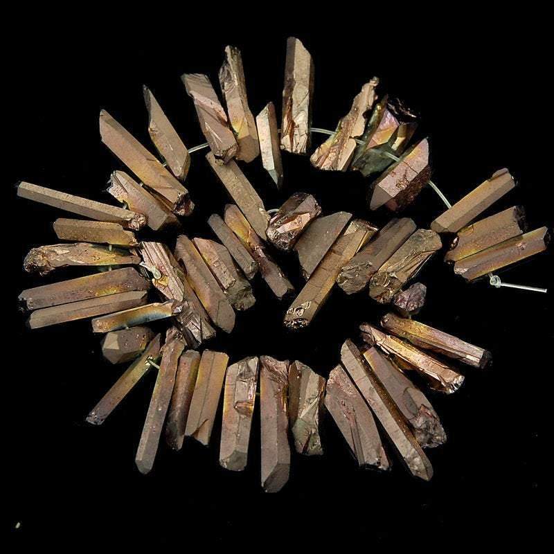 Natural Metallic Copper Druzy Quartz spike Titanium Coated Stick beads, 15.5'' strand