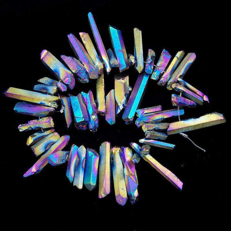 Natural Metallic Multi-colored Druzy Quartz Titanium Coated Stick, 15.5 strand