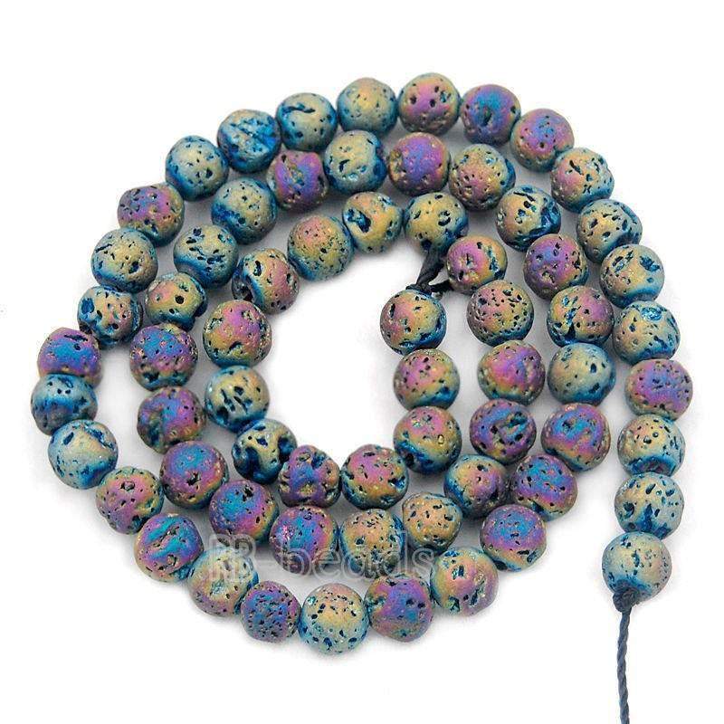 Natural Multi colored Volcanic Lava Beads Titanium Coated, 4-12mm Round Jewelry Gemstone, 15.5'' strand