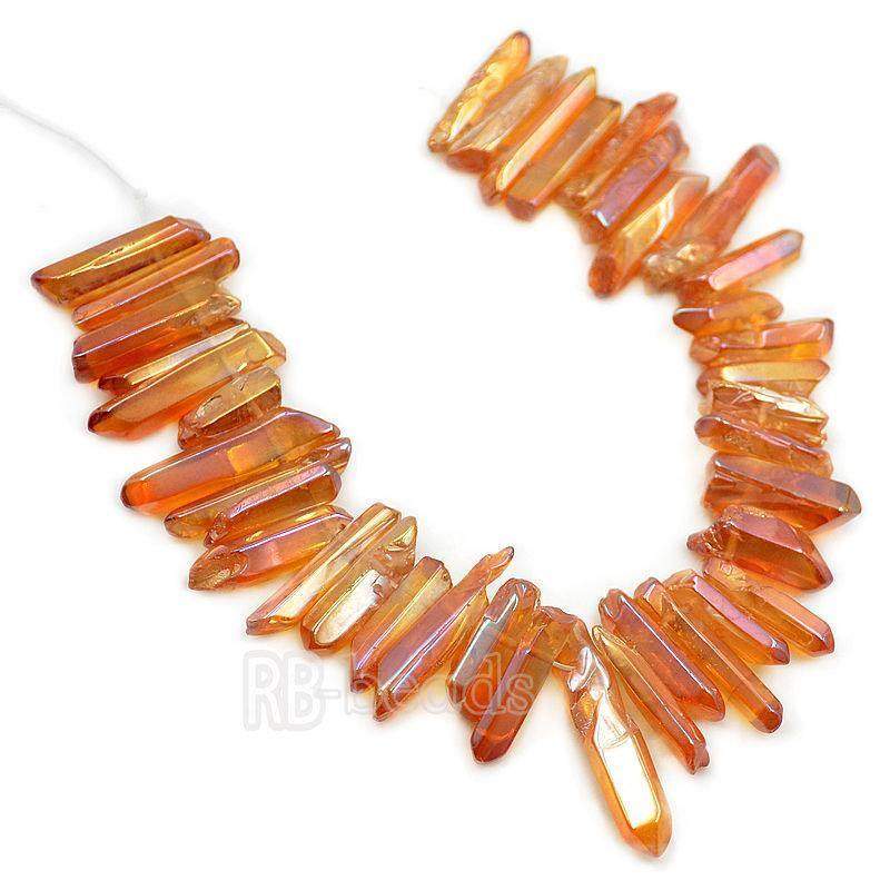 Natural polished Champagne Druzy Quartz spike Titanium Coated Stick beads, 15.5 str