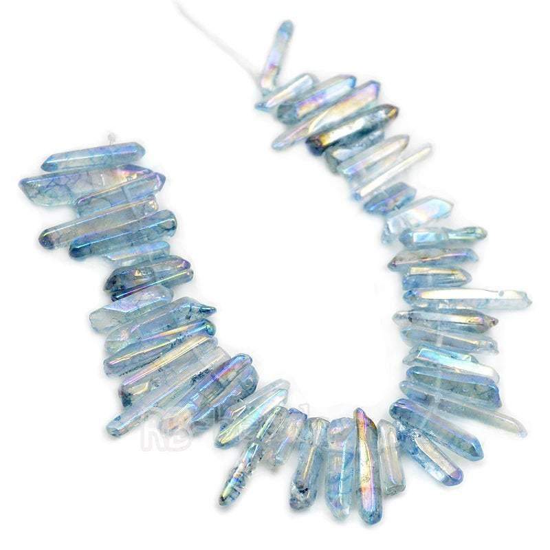 Natural polished Light Blue Druzy Quartz spike Titanium Coated Stick beads, 15.5 strand