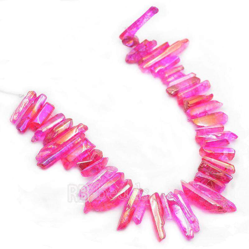 Natural polished Magenta Druzy Quartz spike Titanium Coated Stick beads, 15.5 str