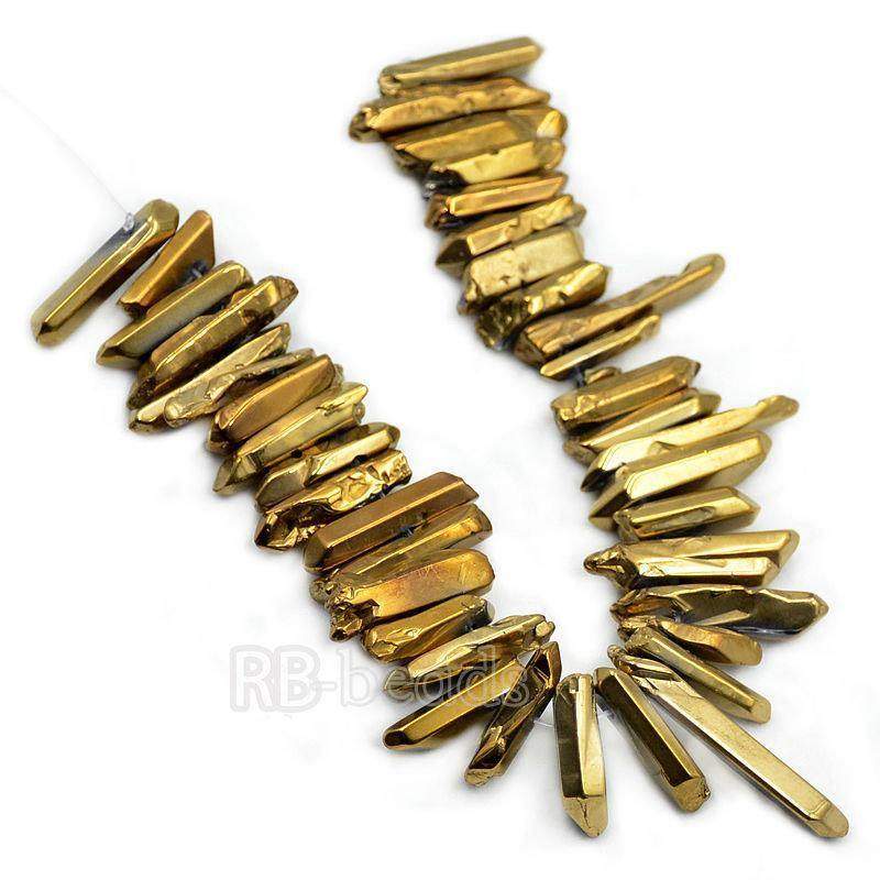 Natural polished metallic Gold Druzy Quartz spike Titanium Coated Stick beads, 15.5 strand