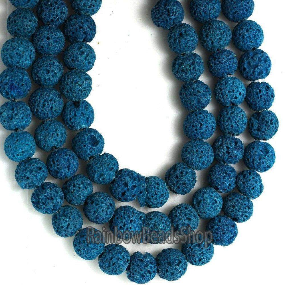 Peacock Blue Lava Beads Volcanic Round Gemstone, 8-12mm, 15.5'' strand