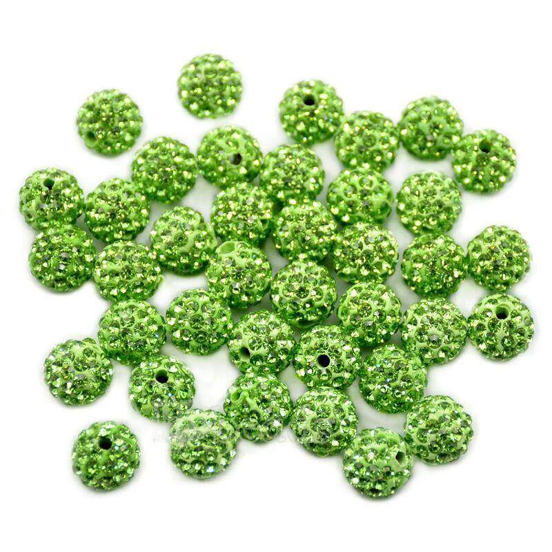 Peridot Crystal Rhinestone Round Beads, 6mm 8mm 8mm 10mm 12mm Pave Clay Disco Ball Beads, Chunky Bubble Gum Beads, Gumball Acrylic Beads