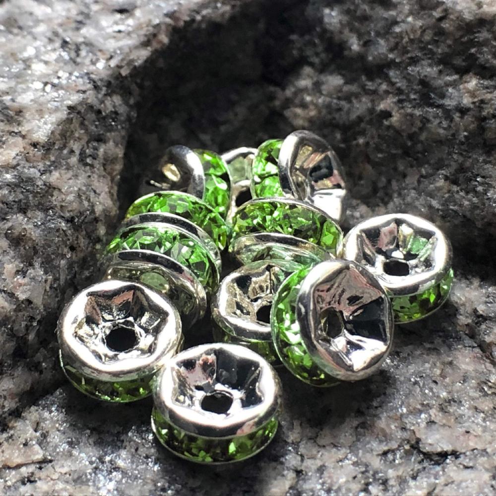 Peridot Czech Crystal Rhinestone Silver Rondelle Spacer Beads, 100pcs 4mm 5mm 6mm 8mm 10mm, beadig, jewelry making, Craft Supplies, Findings
