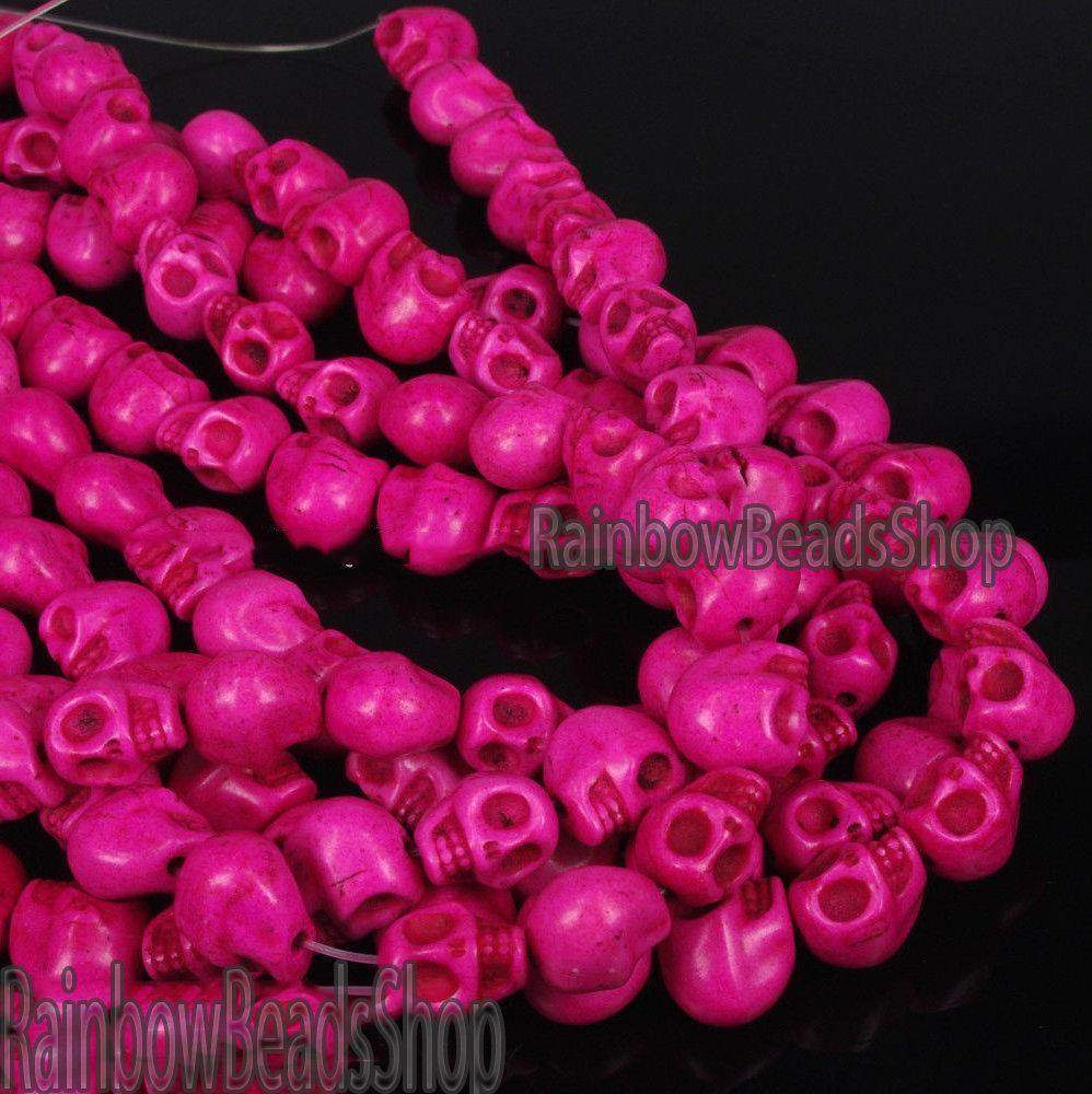 Pink Howlite Skull Side Ways Beads, 12x13mm Carved Stone, 16'' strand