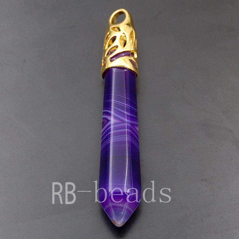 Purple Stripe Agate Pendant, Crystal healing Stone, Gold/Silver 58mm