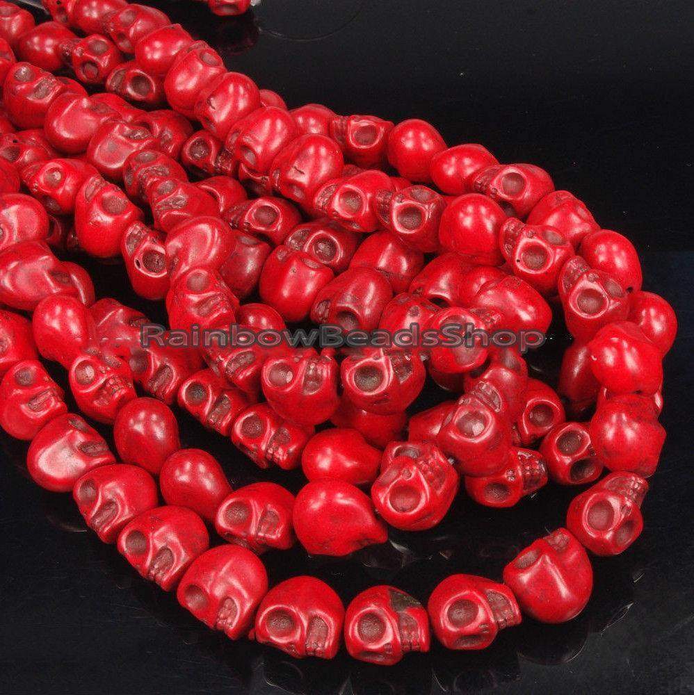 Red Howlite Skull Side Ways Beads, 12x13mm Carved Stone, 16'' strand