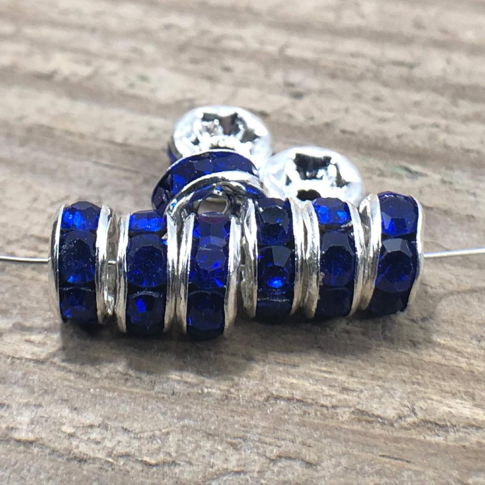 Sapphire Czech Crystal Rhinestone Silver Rondelle Spacer Beads, 100pcs 4mm 5mm 6mm 8mm 10mm, beadig, jewelry making Craft Supplies, Findings