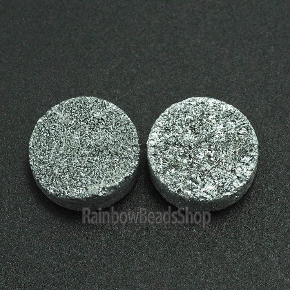 Silver Druzy Quartz Agate Flat Back Connector Cabochon, 2Pcs, 6-20mm