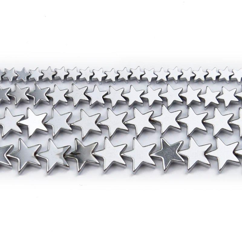Silver Flat Star Hematite beads, 4- 10mm, 16'' strand