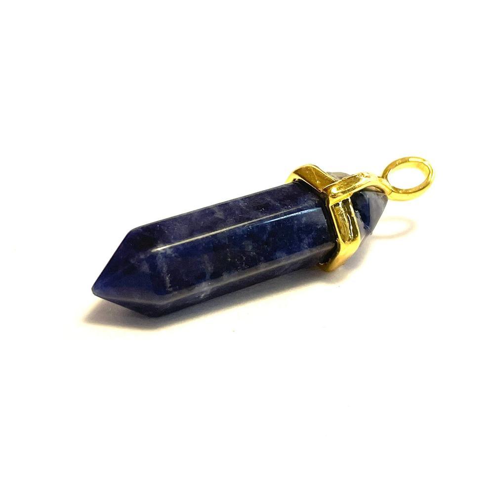 Sodalite Hexagonal Pointed Gemstone Pendant, Gold Plated Brass, Crystal Healing Pendant, Boho Hippie Crystal