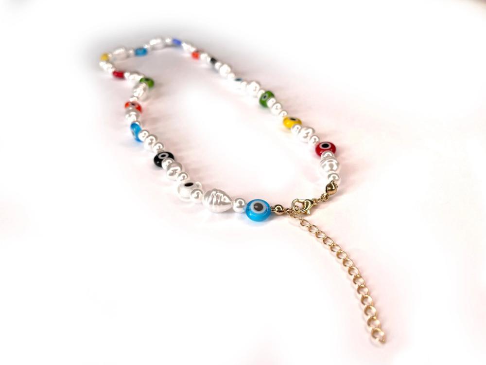 Tiny Colorful Evil Eye Pearl Beaded Necklace, Mixed glass seed and clay beads Choker, Indie Boho Trendy Rainbow Summer Necklace