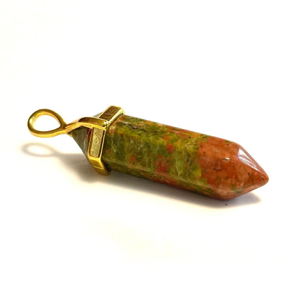 Unakite Jasper Hexagonal Pointed Gemstone Pendant, Gold Plated Brass, Crystal Healing Pendant, Boho Hippie Crystal
