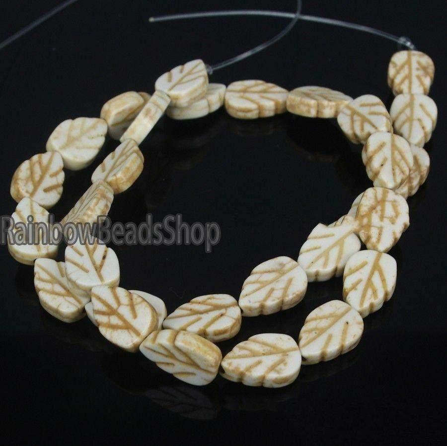 White Howlite Leaf Beads, 9x13mm, 16'' strand