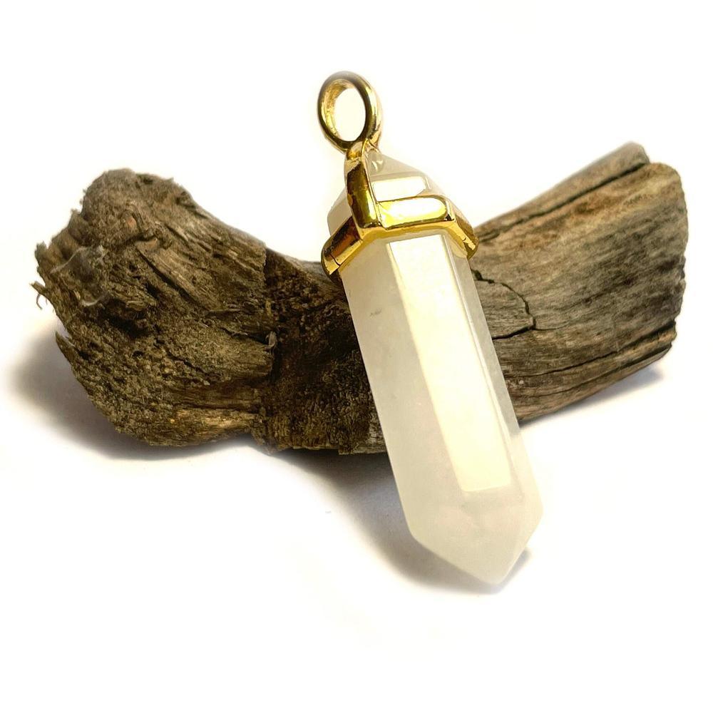 White Jade Hexagonal Pointed Gemstone Pendant, Gold Plated Brass, Crystal Healing Pendant, Boho Hippie Crystal