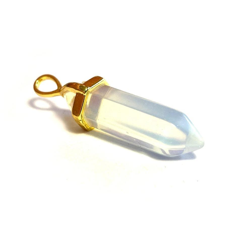 White Opalite Hexagonal Pointed Gemstone Pendant, Gold Plated Brass, Crystal Healing Pendant, Boho Hippie Crystal