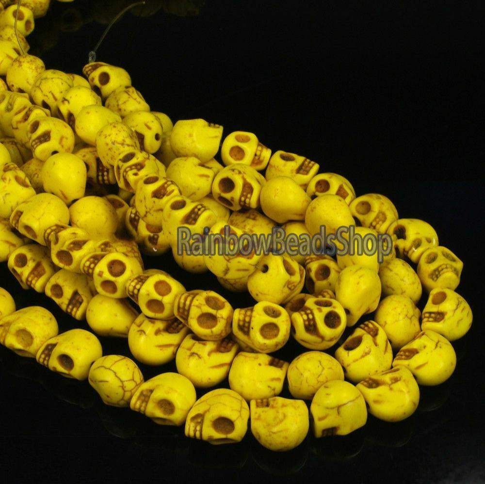 Yellow Howlite Skull Beads, 12x13mm Carved Stone, 16'' strand