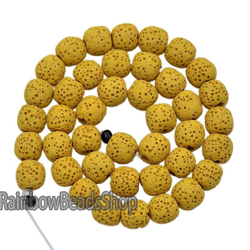 Yellow Lava Volcanic Beads, Natural Round Gemstone, 8-12mm, 15.5'' strand