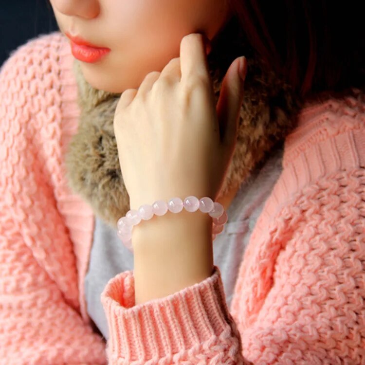 Natural Rose Pink Quartz Round Gemstone Stretch Bracelet - 7.5 Inches, 4-12mm Beads