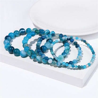 Blue Stripe Round Agate Gemstone Bracelet, 6-12mm