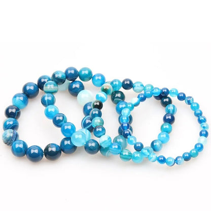 Blue Stripe Round Agate Gemstone Bracelet, 6-12mm