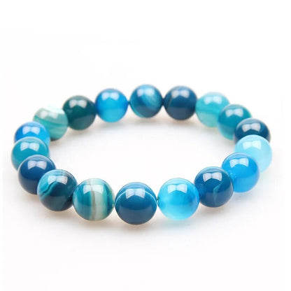 Blue Stripe Round Agate Gemstone Bracelet, 6-12mm