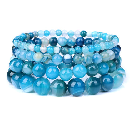 Blue Stripe Round Agate Gemstone Bracelet, 6-12mm