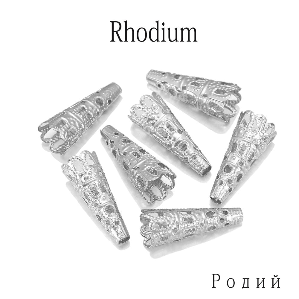 Rhodium Bugle Cone Crystal Pendant Bead Caps, 50pcs
