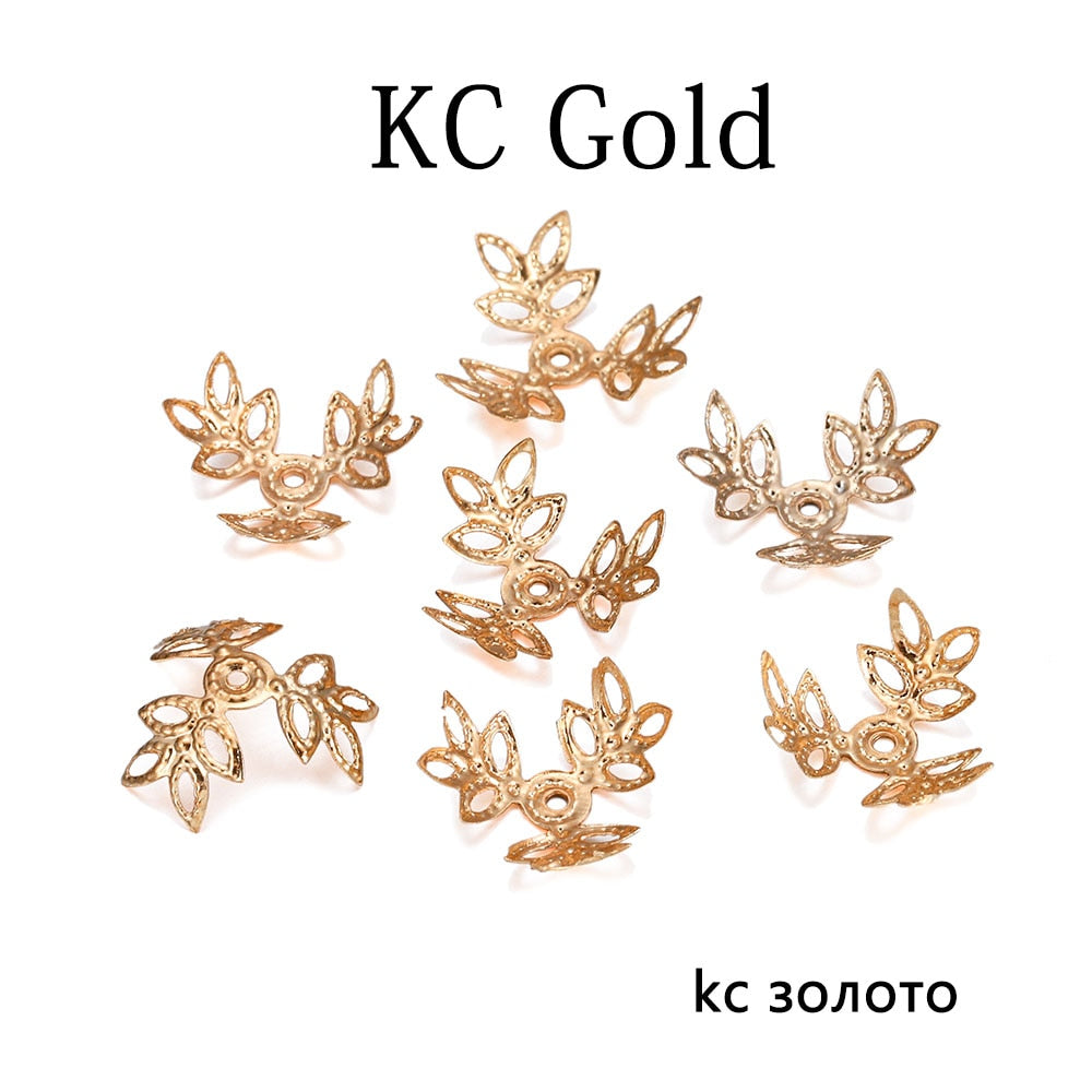 Capuchons de perles d'espacement triples feuilles dorées KC 16x16mm, 100 pièces