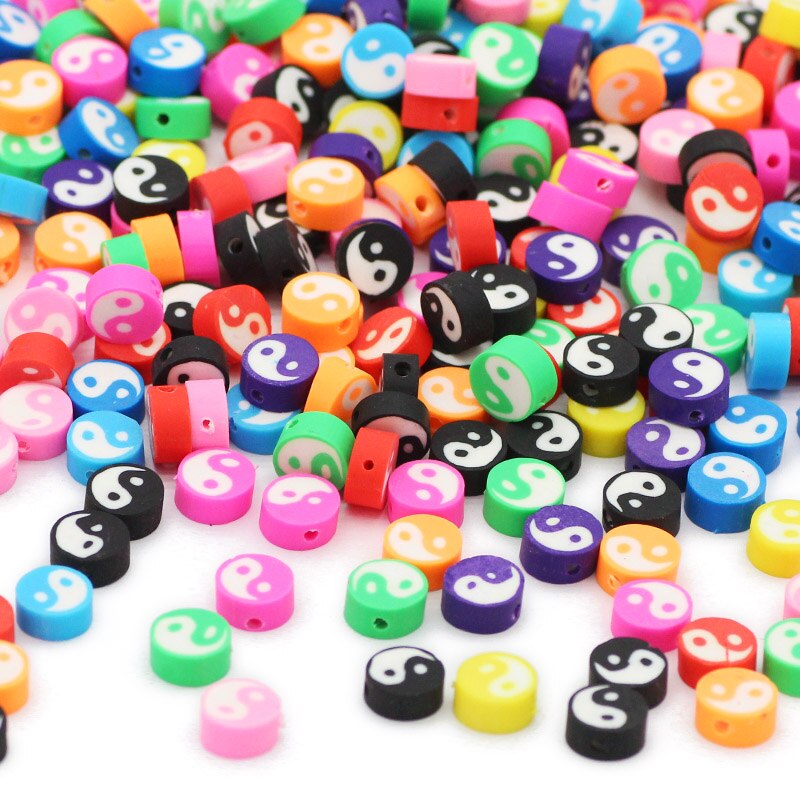50pcs 10x4mm Tai Chi Round Polymer Clay Beads