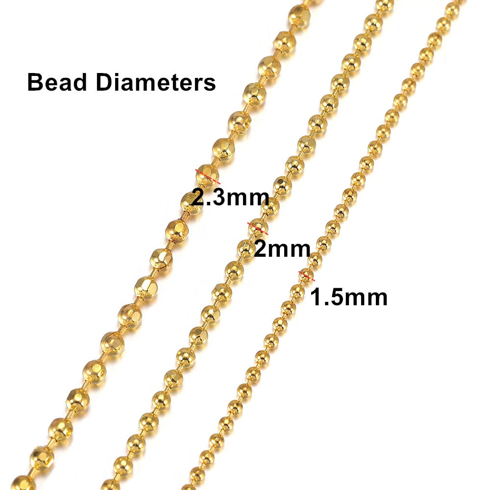 Chaînes de perles à billes en cuivre de 1,5 mm, 2,0 mm et 2,3 mm, lot de 5 mètres