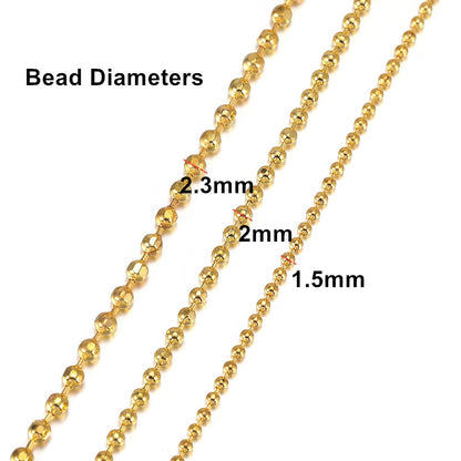 Copper 1.5mm 2.0mm and 2.3mm Faced Ball Bead Chains, 5Meters lot