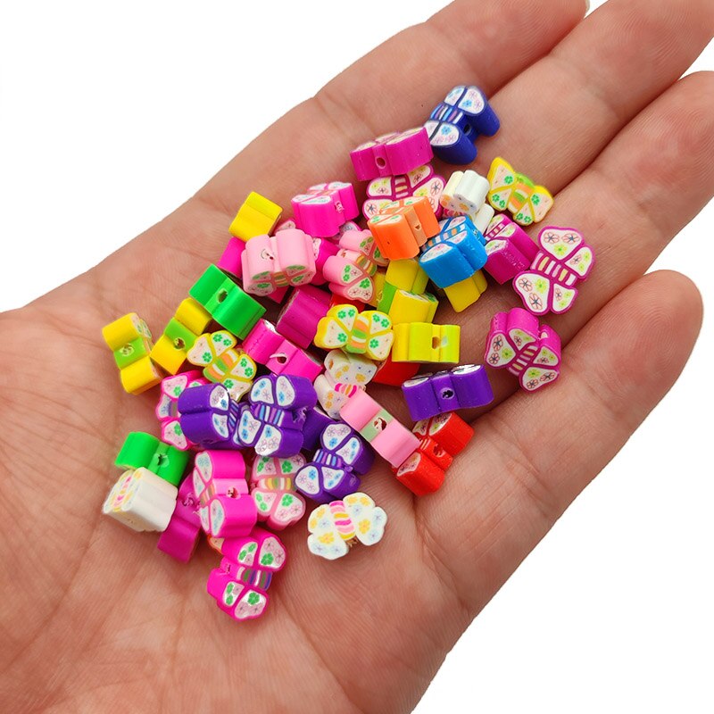 Handmade Polymer Clay Butterfly Beads, Mixed Color, 8~10x10~12x4~5mm, Hole:  2mm