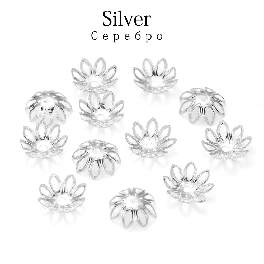 Rhodium-Blumen-Perlenkappen, 11–14 mm, 100 Stück