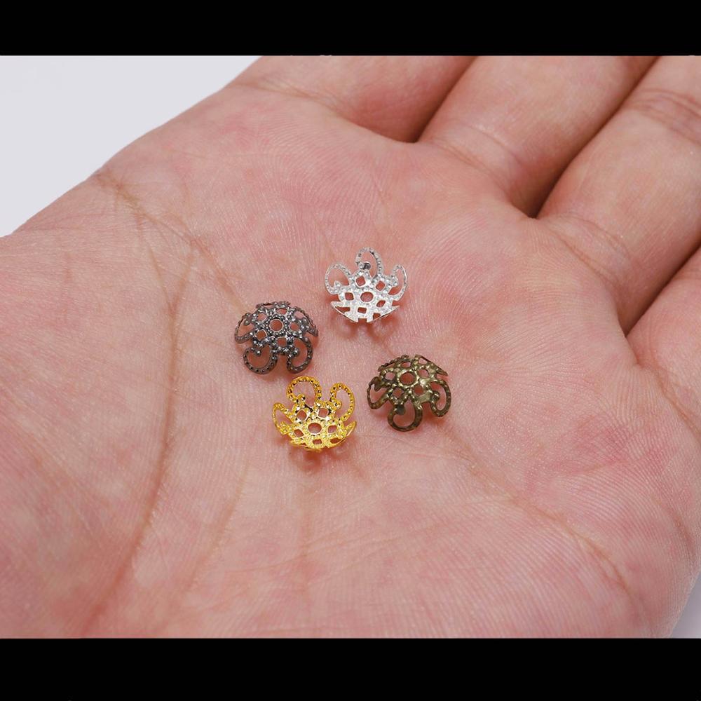 Capuchons de perles de fleurs creuses en métal doré de 8, 10 mm, 100 pièces
