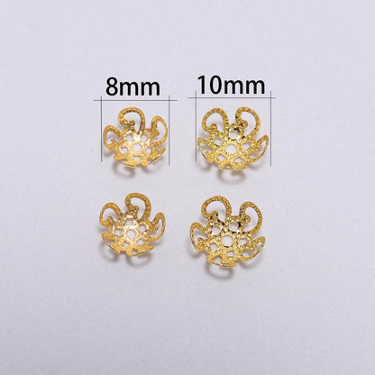 8, 10mm Gold Metal Hollow Flower Bead Caps, 100pcs