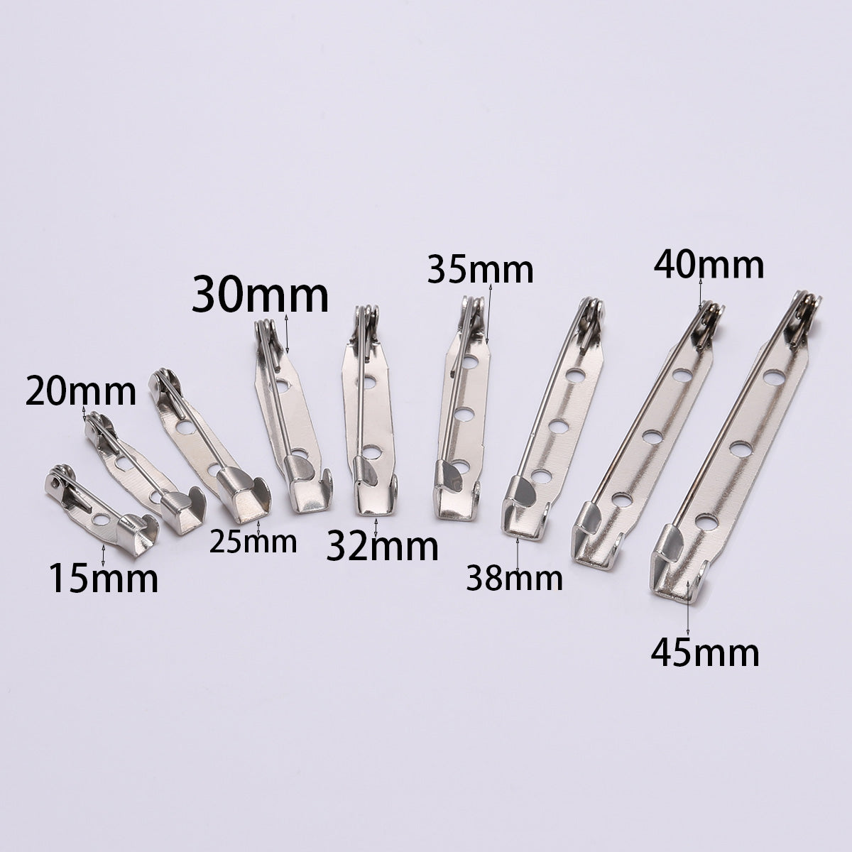50 Stück 15–45 mm Rhodium-Brosche-Clip-Basisstifte in verschiedenen Größen