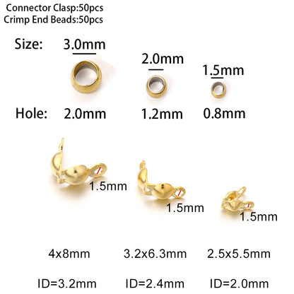 Gold Plated Stainless Steel Connector Clasp Crimp Ends, 50pcs