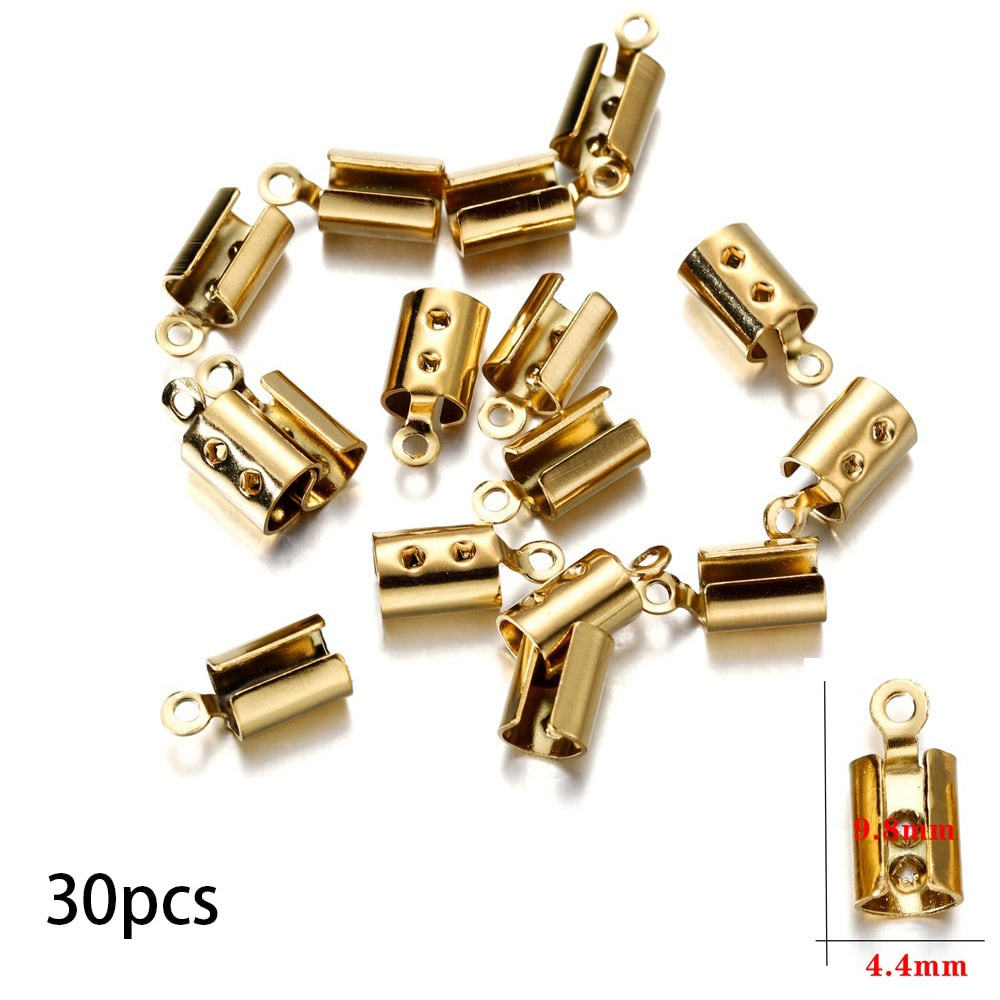 Gold Stainless Steel Cords Crimp End Beads Caps, 30-50pcs