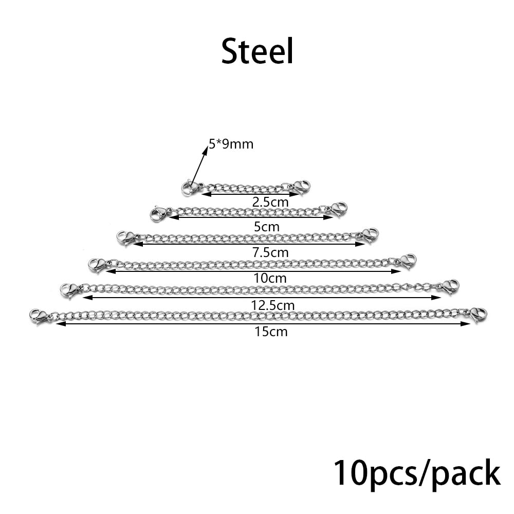 Chaîne d'extension de collier en acier inoxydable avec fermoir mousqueton, 10 pièces