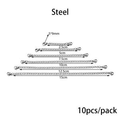 Chaîne d'extension de collier en acier inoxydable avec fermoir mousqueton, 10 pièces