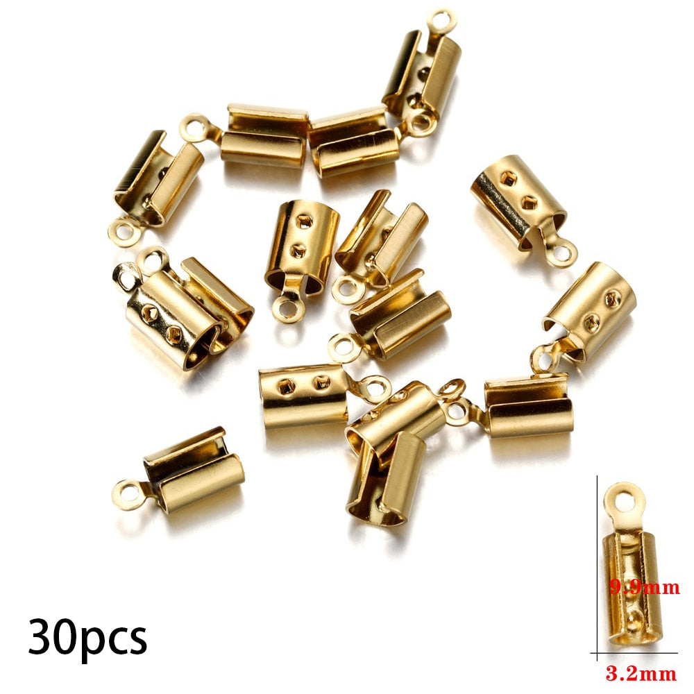 Gold Stainless Steel Cords Crimp End Beads Caps, 30-50pcs