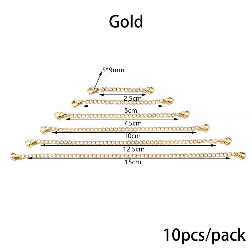 Chaîne d'extension de collier en acier inoxydable avec fermoir mousqueton, 10 pièces