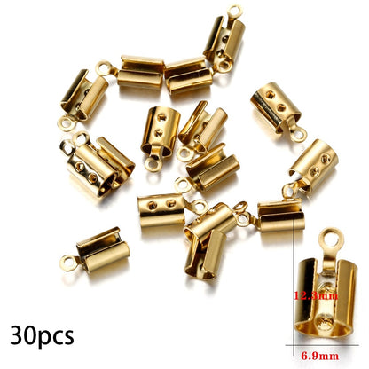 Gold Stainless Steel Cords Crimp End Beads Caps, 30-50pcs